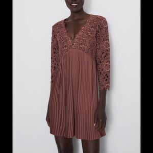 Zara Size Small Terracotta Lace Pleated Guipure Mini Dress Blogger Favorite